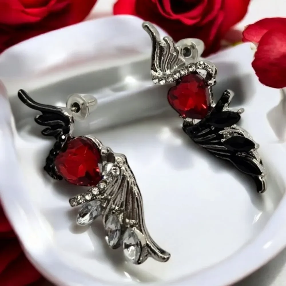 Gothic Winged Red Heart Earrings Silver Angel Wings Edgy Baddie Goth Jewelry NWT